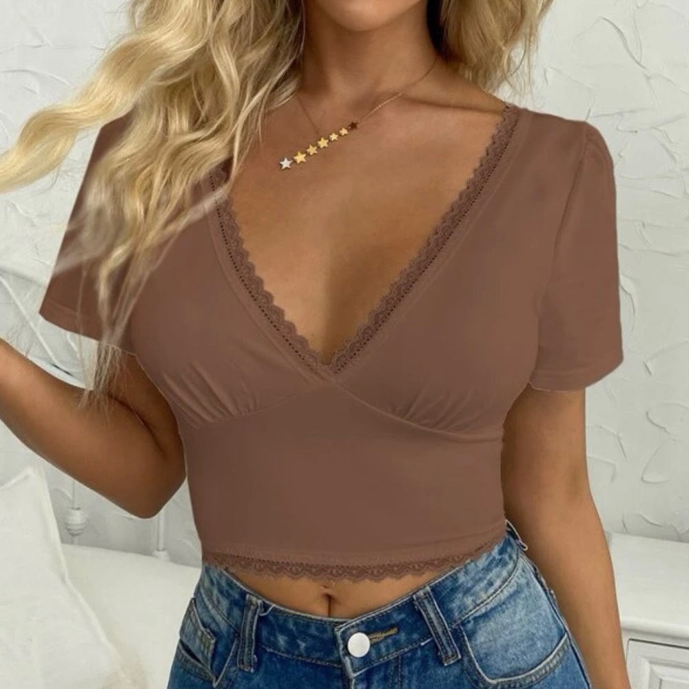 Lace Detailing Women’s Crop V-Neck Top